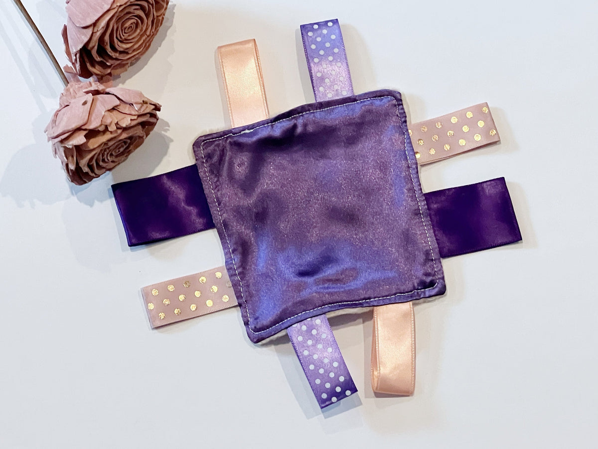 Purse or pocket 5” size Satin and minky sensory lovey with ribbon tags for comfort toy, baby shower gift for boy or girl or even adult
