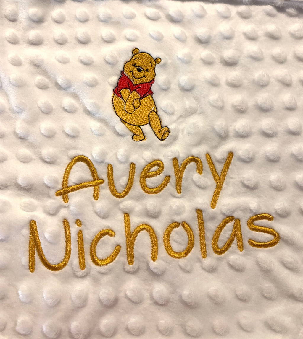 Personalized Baby Blanket made from Winnie the Pooh flannel fabric for boy or girl, minky back with satin binding, embroidered Winnie option