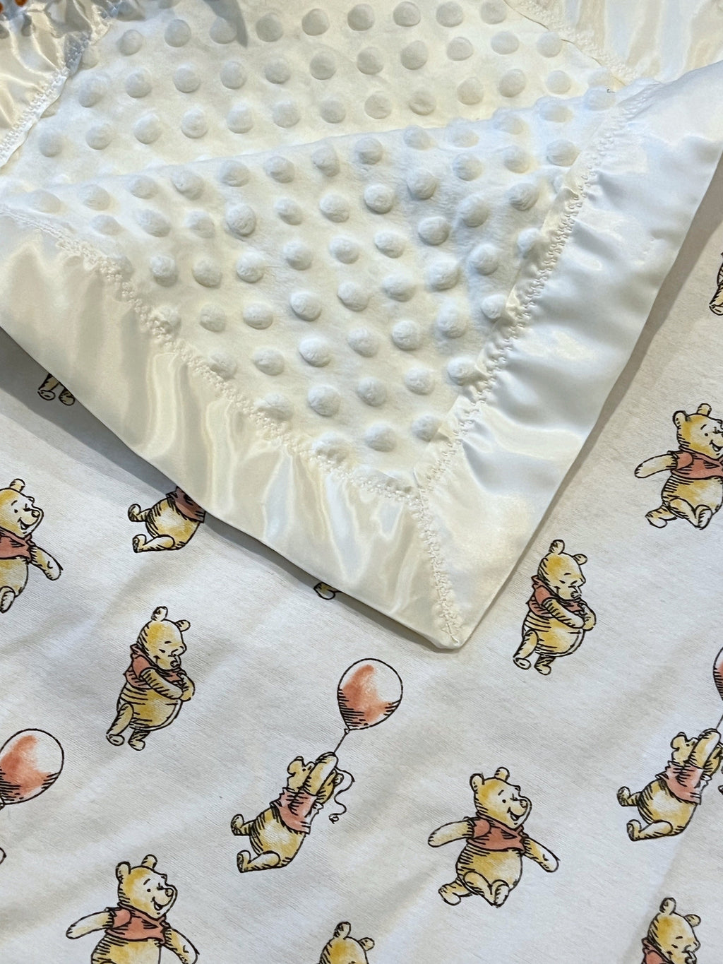 Personalized Baby Blanket made from Winnie the Pooh flannel fabric for boy or girl, minky back with satin binding, embroidered Winnie option