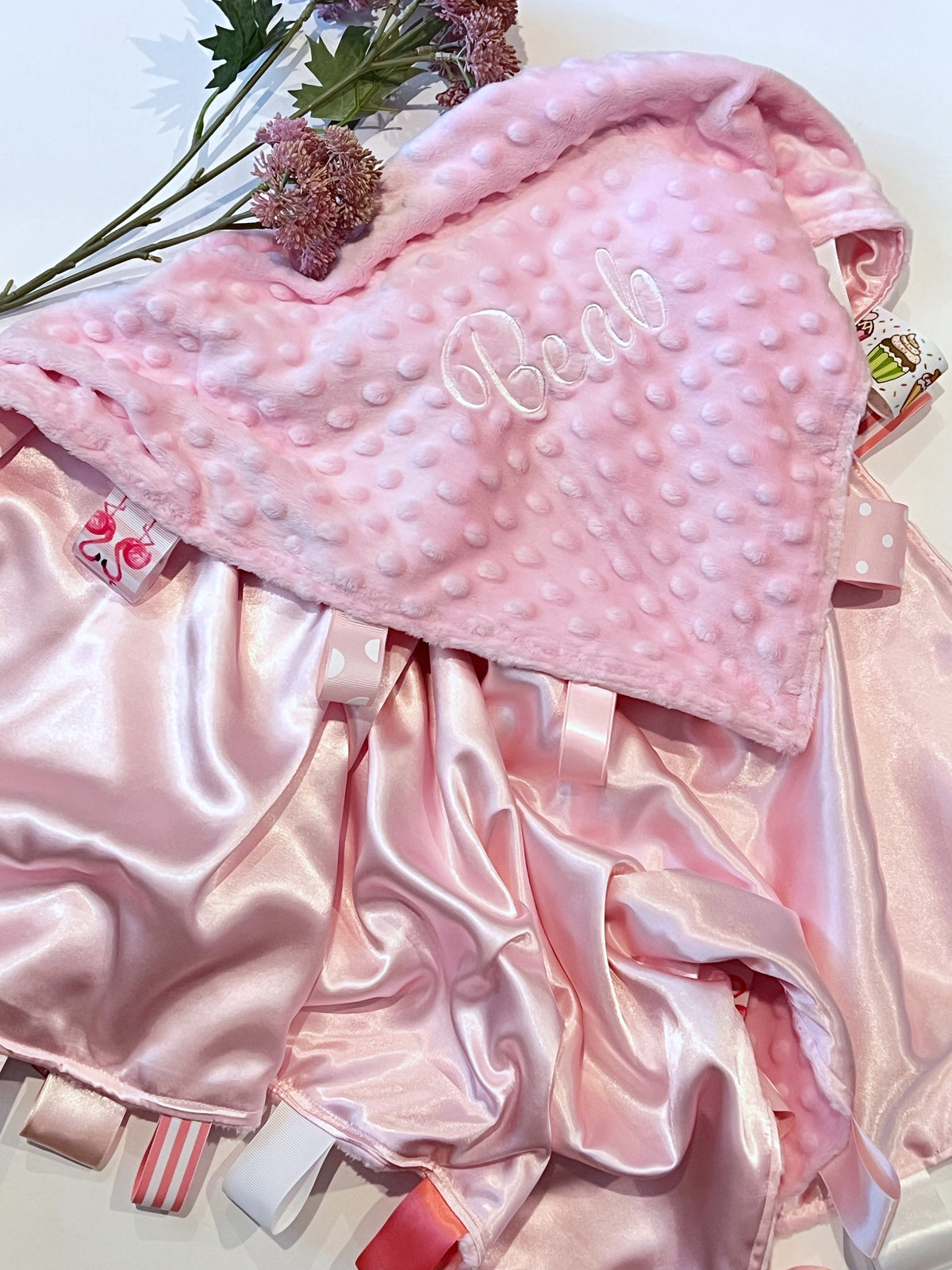 Personalize Satin and minky 30” x 40” large sensory Blanket with ribbon tags for girl or boy, baby or toddler, choose colors