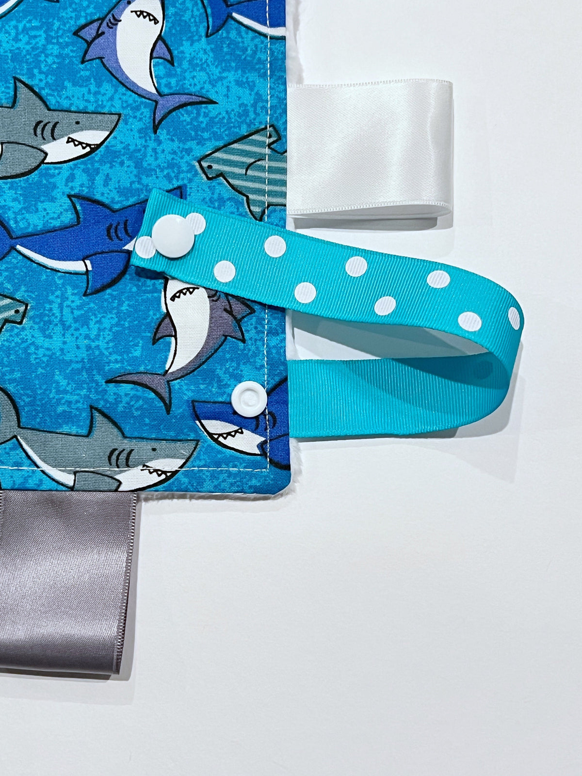 Shark cotton and minky sensory tag lovey for boy or girl older child adult elderly, personalized and color options with pacifier snap