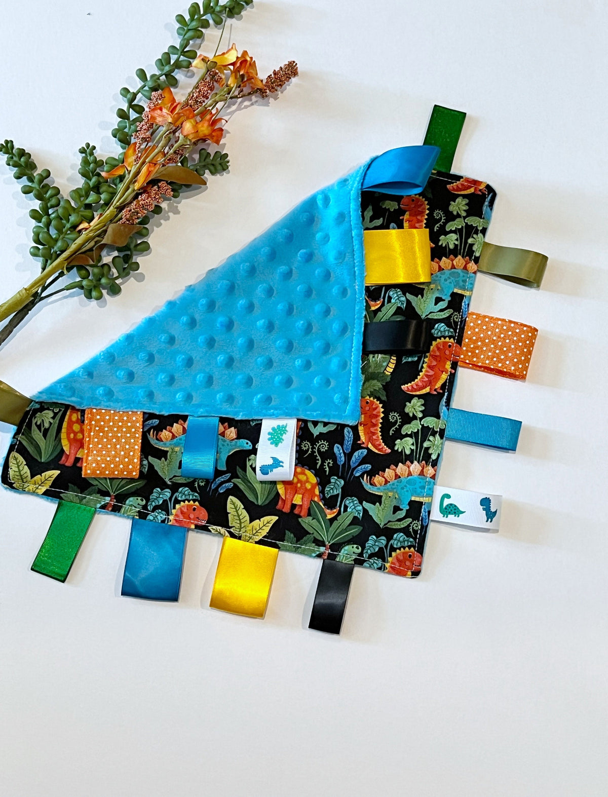 Dinosaur themed tag lovey cotton and minky sensory security toy in bright colors, personalize option, shower gift 12” for baby, child, adult