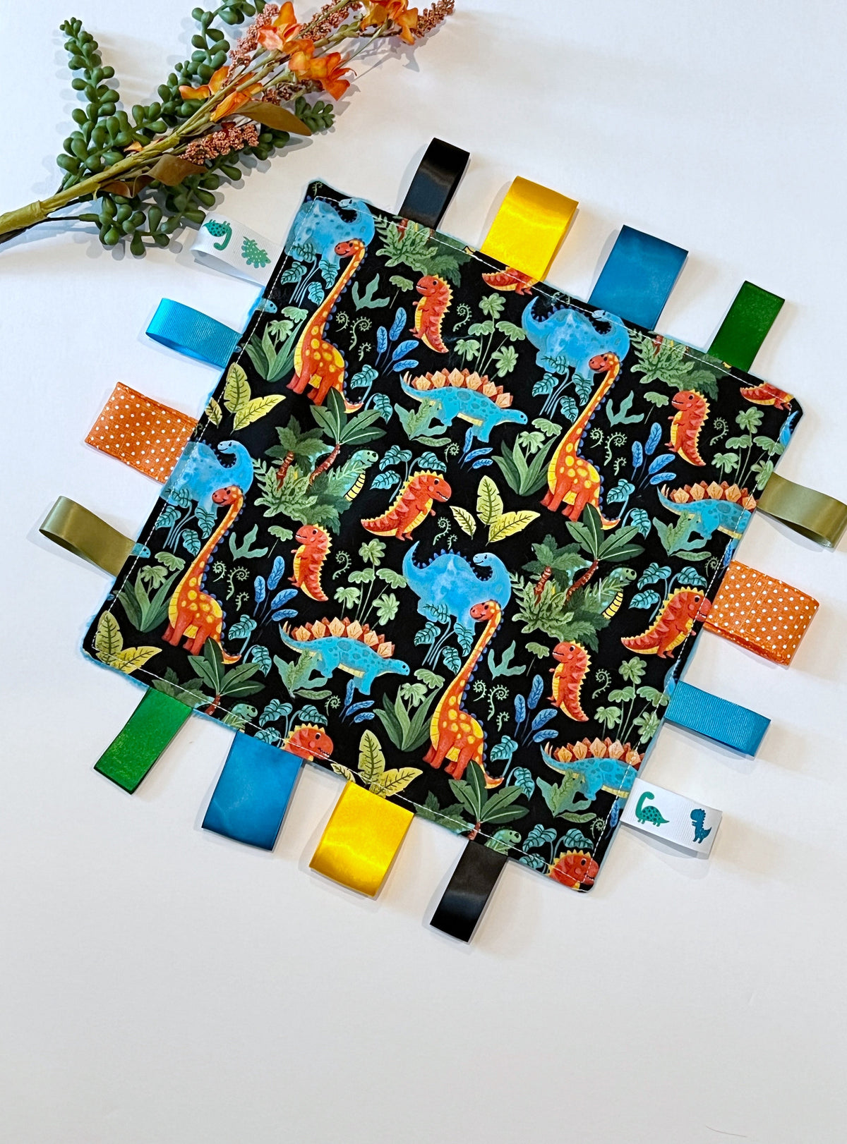 Dinosaur themed tag lovey cotton and minky sensory security toy in bright colors, personalize option, shower gift 12” for baby, child, adult