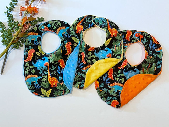 Dinosaur Bib for newborn or baby  toddler in bright colorful cotton & minky dot, choose color, whimsical dinos, choose single or multiple