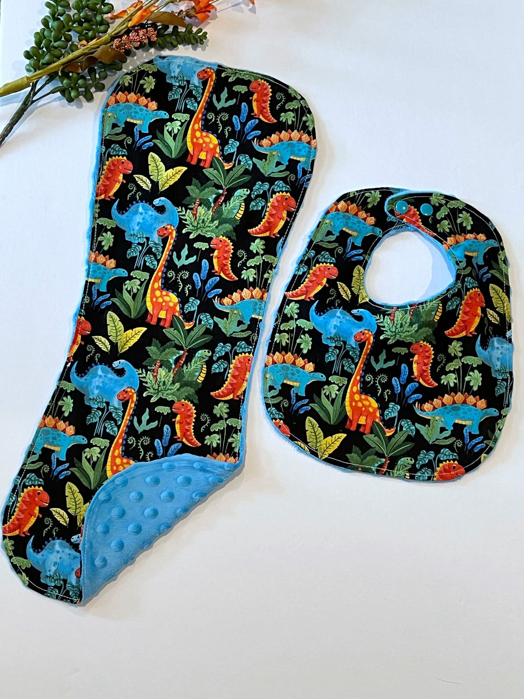 Dinosaur baby bib and contour burp cloth set in bright colorful cotton & minky dot, choose color, whimsical dinos