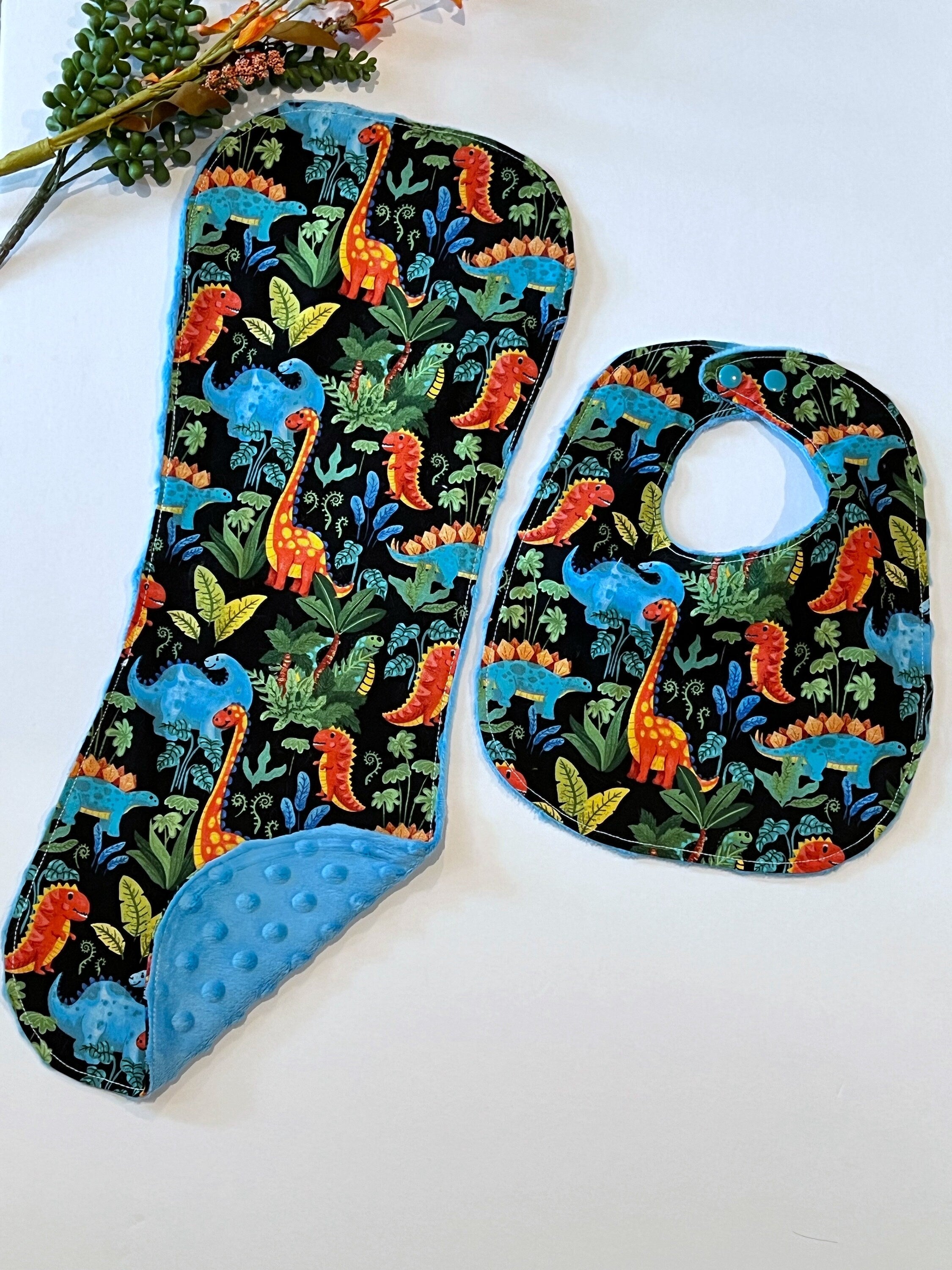 Dinosaur baby bib and contour burp cloth set in bright colorful cotton & minky dot, choose color, whimsical dinos