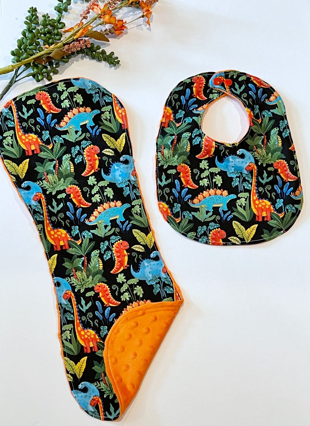 Dinosaur baby bib and contour burp cloth set in bright colorful cotton & minky dot, choose color, whimsical dinos