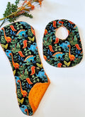 Dinosaur baby bib and contour burp cloth set in bright colorful cotton & minky dot, choose color, whimsical dinos