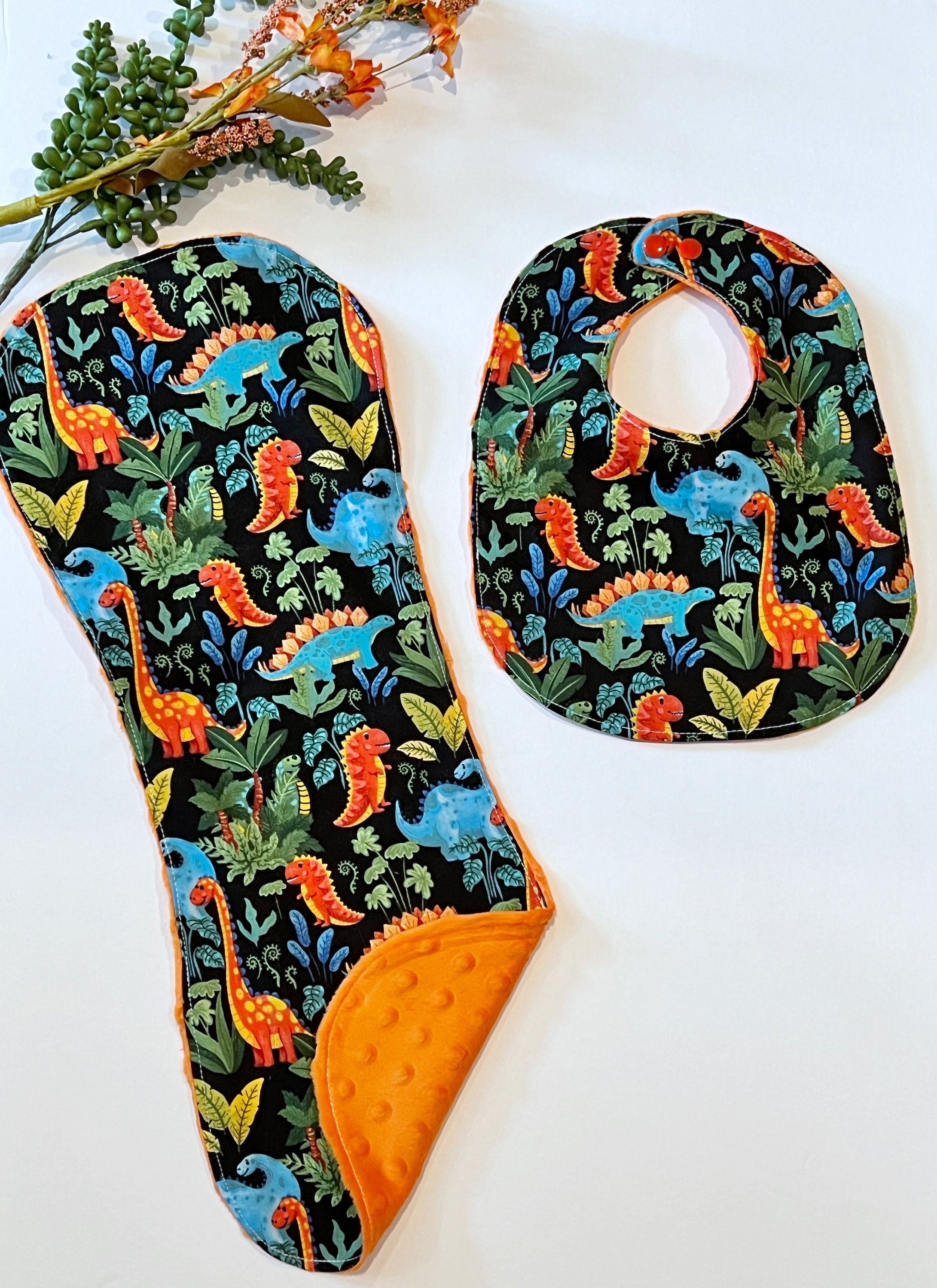 Dinosaur baby bib and contour burp cloth set in bright colorful cotton & minky dot, choose color, whimsical dinos