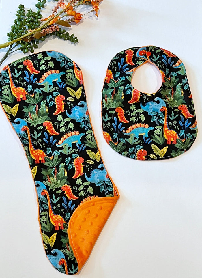 Dinosaur baby bib and contour burp cloth set in bright colorful cotton & minky dot, choose color, whimsical dinos