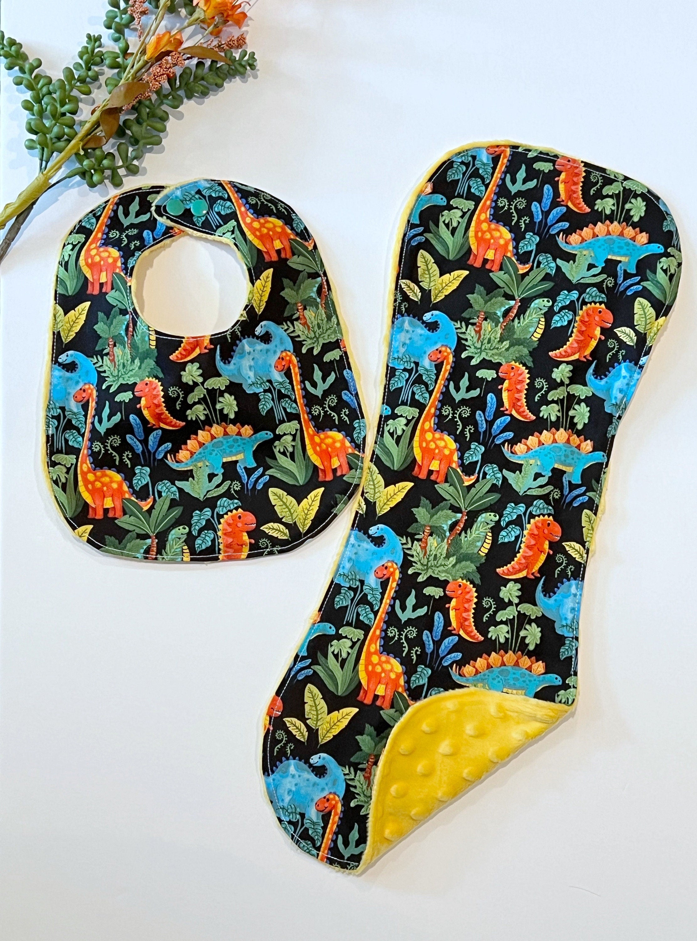 Dinosaur baby bib and contour burp cloth set in bright colorful cotton & minky dot, choose color, whimsical dinos