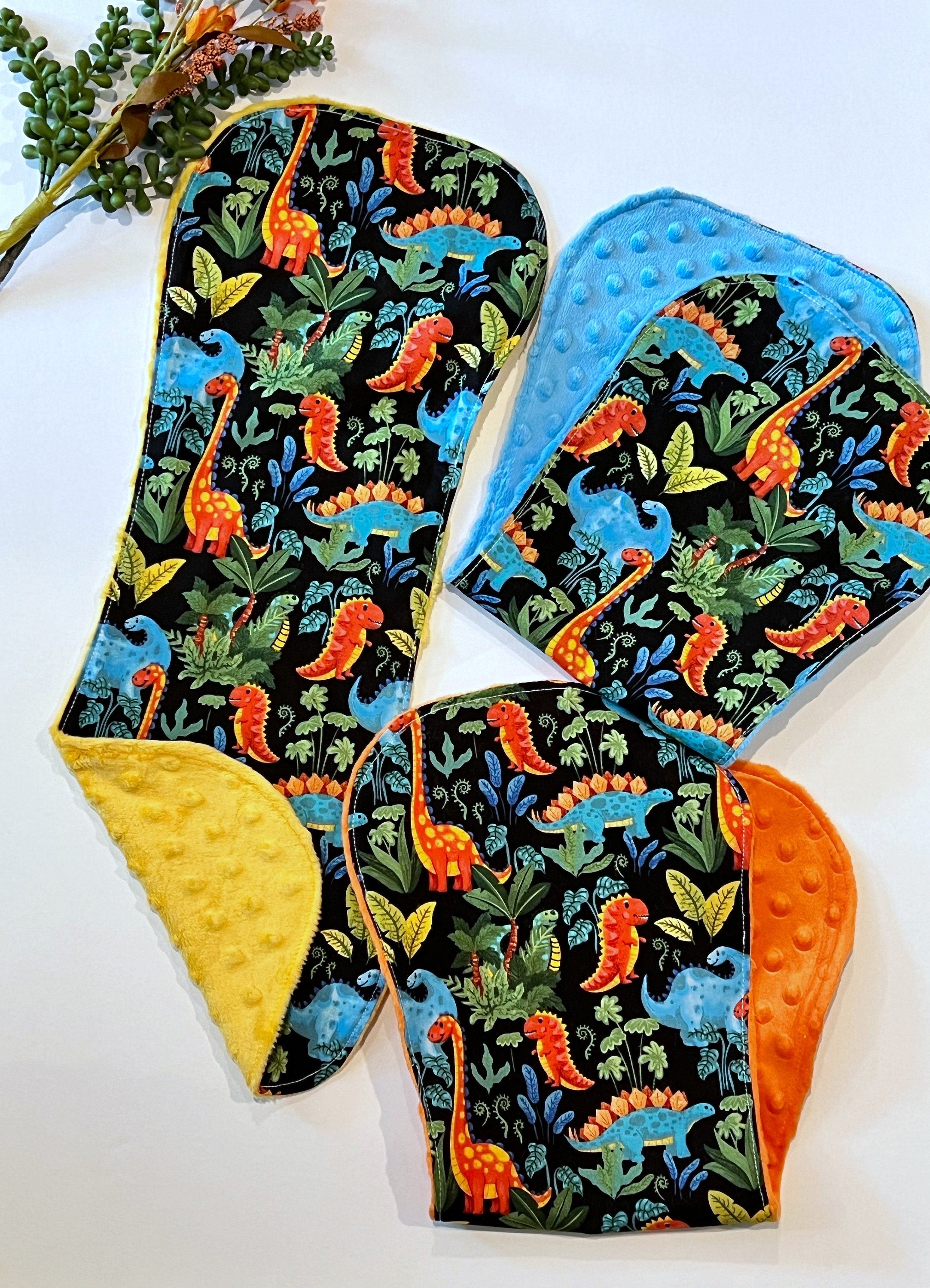 Dinosaur baby bib and contour burp cloth set in bright colorful cotton & minky dot, choose color, whimsical dinos