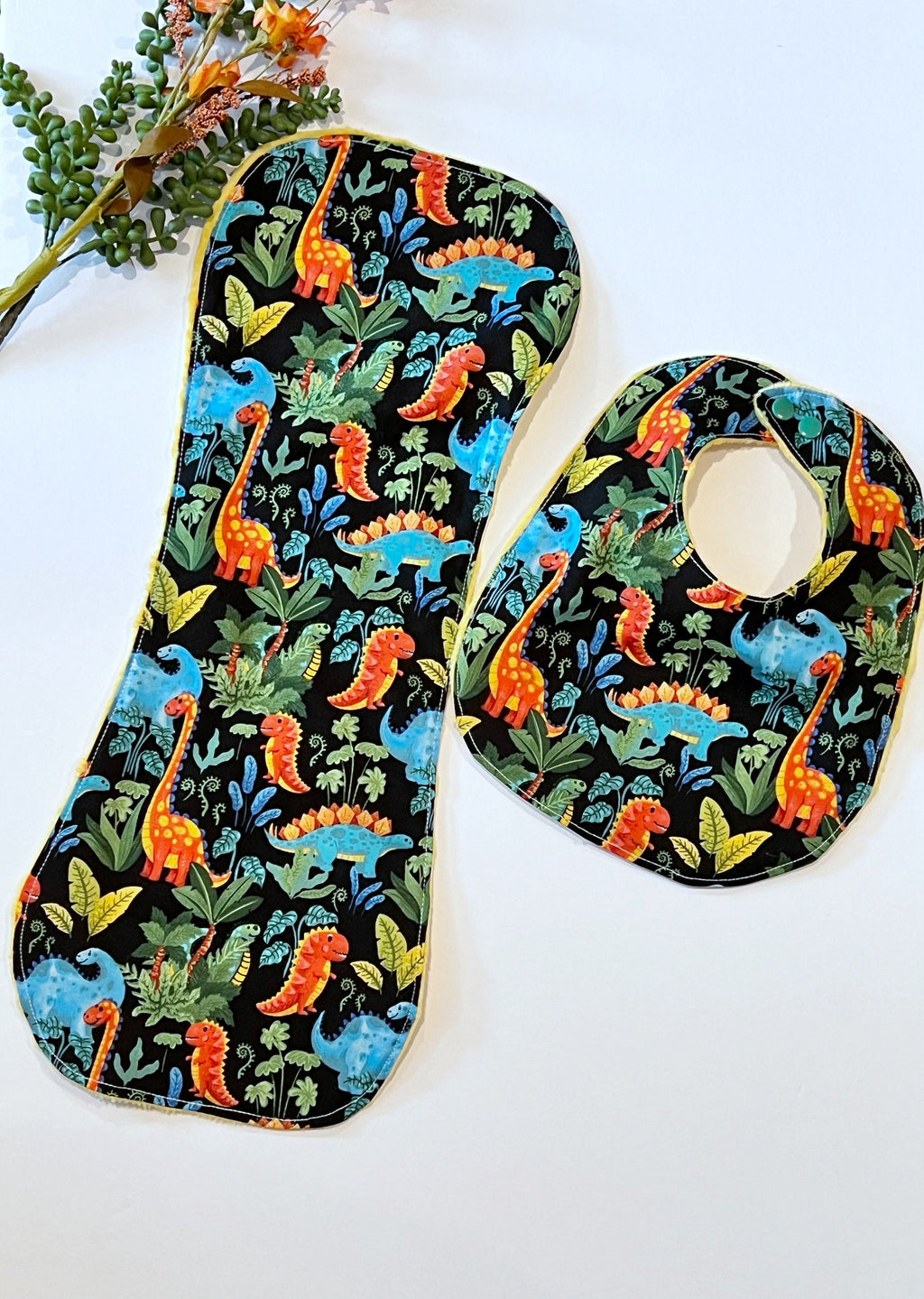 Dinosaur baby bib and contour burp cloth set in bright colorful cotton & minky dot, choose color, whimsical dinos