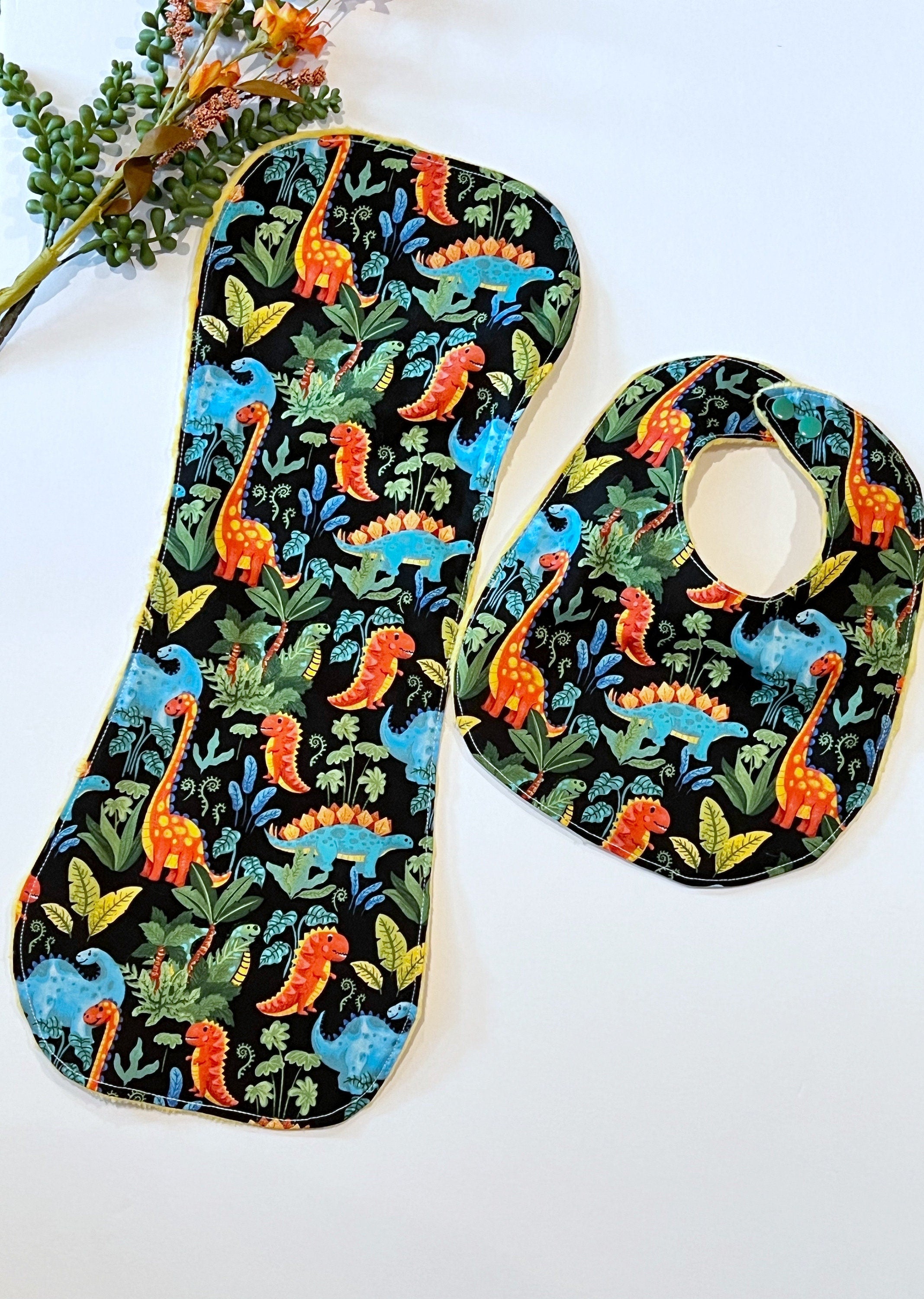 Dinosaur baby bib and contour burp cloth set in bright colorful cotton & minky dot, choose color, whimsical dinos
