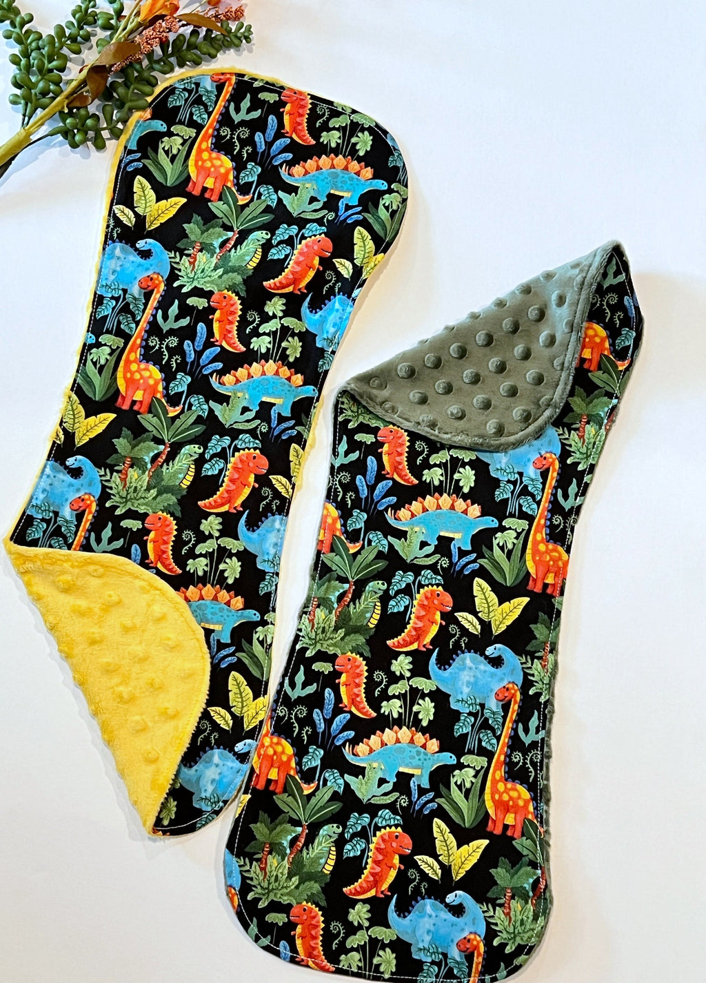 Dinosaur baby bib and contour burp cloth set in bright colorful cotton & minky dot, choose color, whimsical dinos