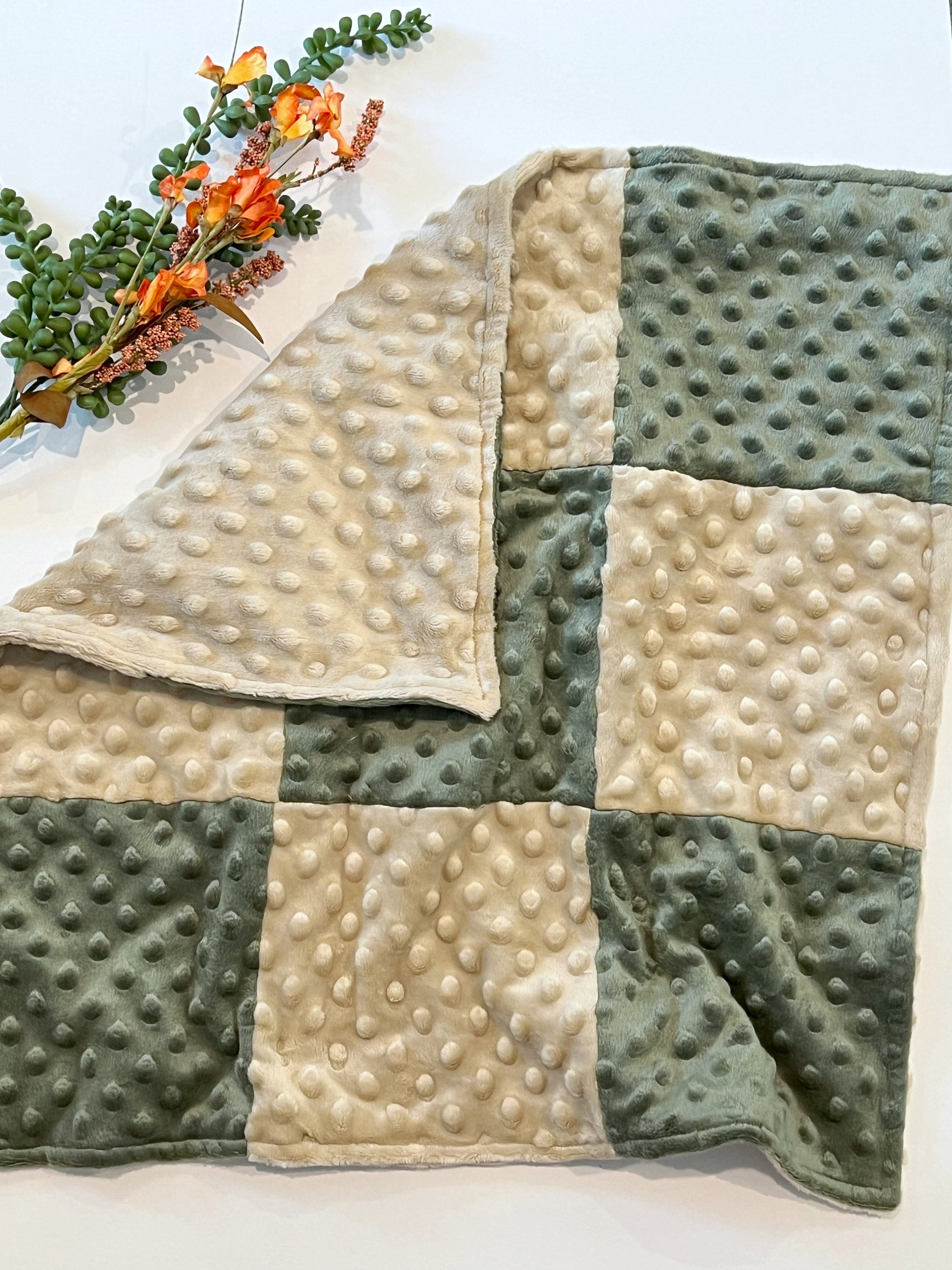 Mini 22” blanket lovey in double sided minky, coordinating 9 patch minky squares in two colors, personalized option, soft, soothing, calming
