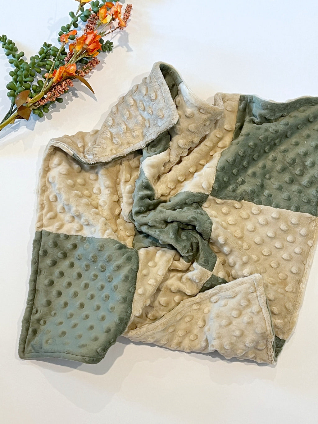 Mini 22” blanket lovey in double sided minky, coordinating 9 patch minky squares in two colors, personalized option, soft, soothing, calming