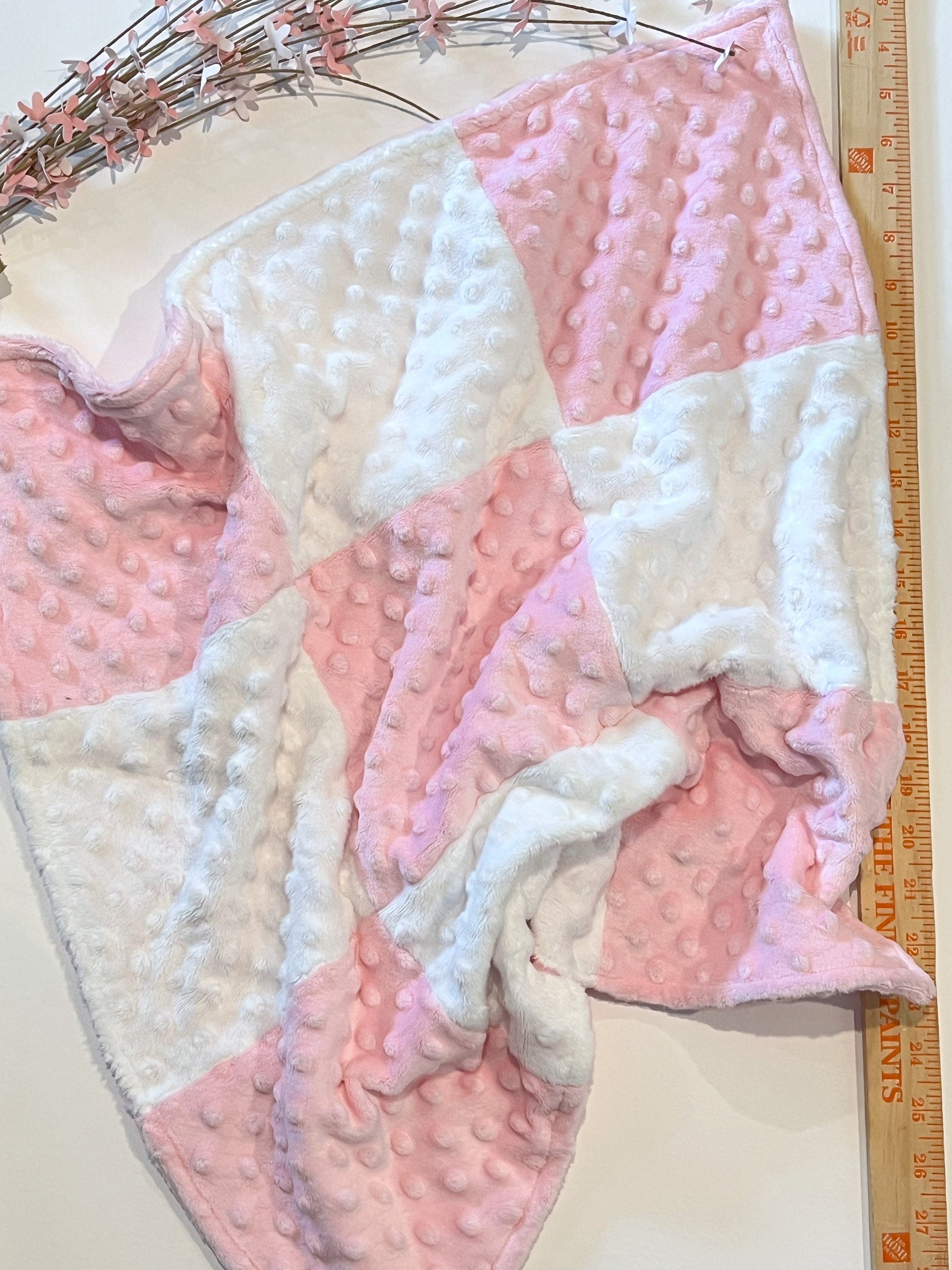Mini 22” blanket lovey in double sided minky, coordinating 9 patch minky squares in two colors, personalized option, soft, soothing, calming