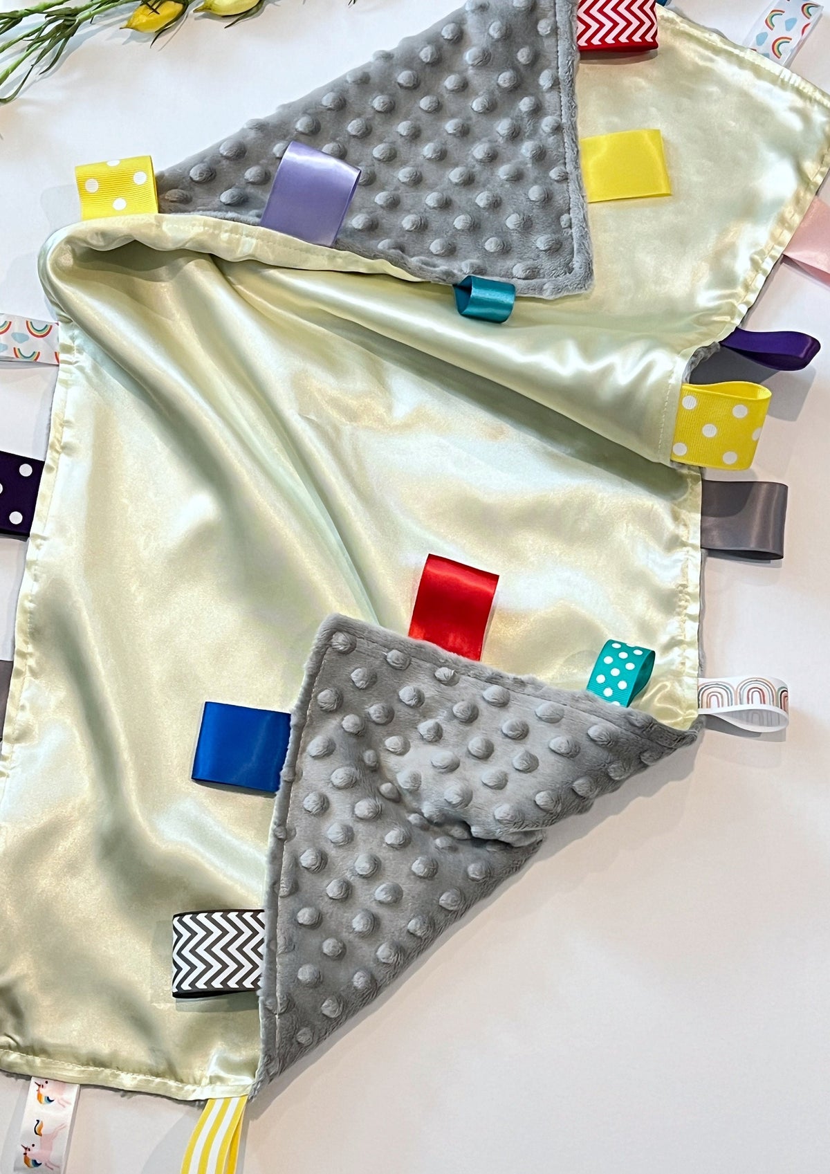 Personalize Satin and minky 30” x 40” large sensory Blanket with ribbon tags for girl or boy, baby or toddler, choose colors