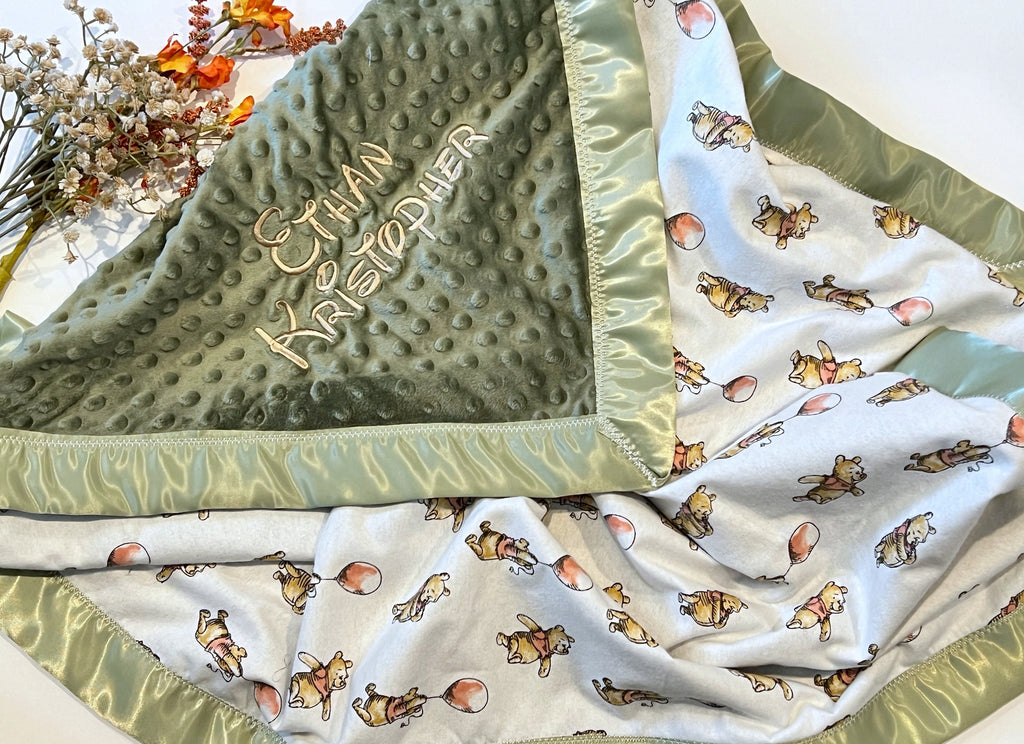 Personalized Baby Blanket made from Winnie the Pooh flannel fabric for boy or girl, minky back with satin binding, embroidered Winnie option