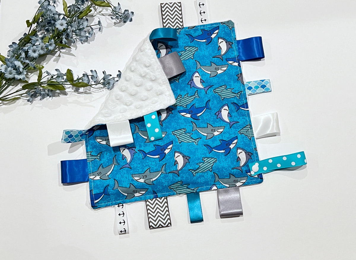Shark cotton and minky sensory tag lovey for boy or girl older child adult elderly, personalized and color options with pacifier snap