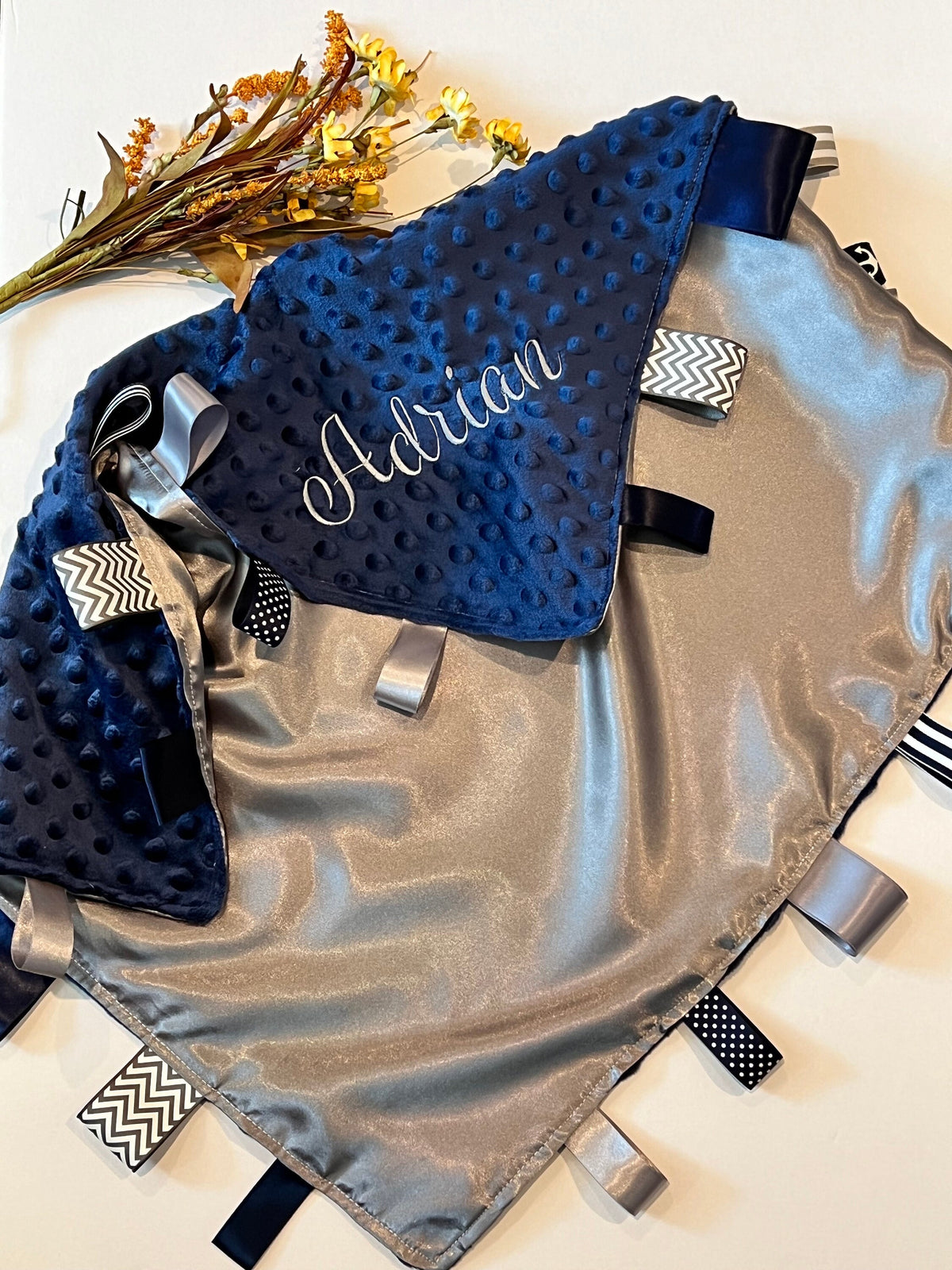 Personalize Satin and minky 30” x 40” large sensory Blanket with ribbon tags for girl or boy, baby or toddler, choose colors