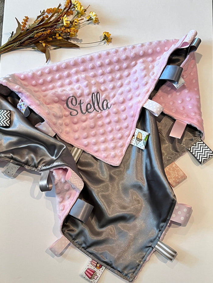 Personalize Satin and minky 30” x 40” large sensory Blanket with ribbon tags for girl or boy, baby or toddler, choose colors
