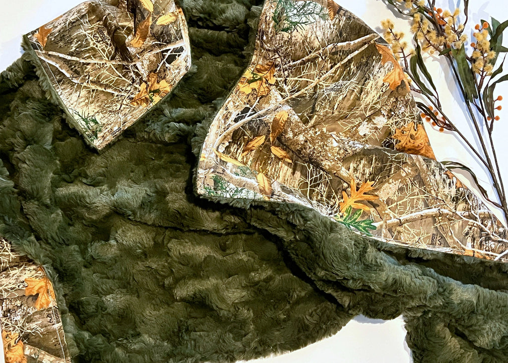 Camouflage Baby Blanket for boy or girl in camo cotton and hunter green olive fur or minky, hunting theme nursery, personalize 30 x 34 size