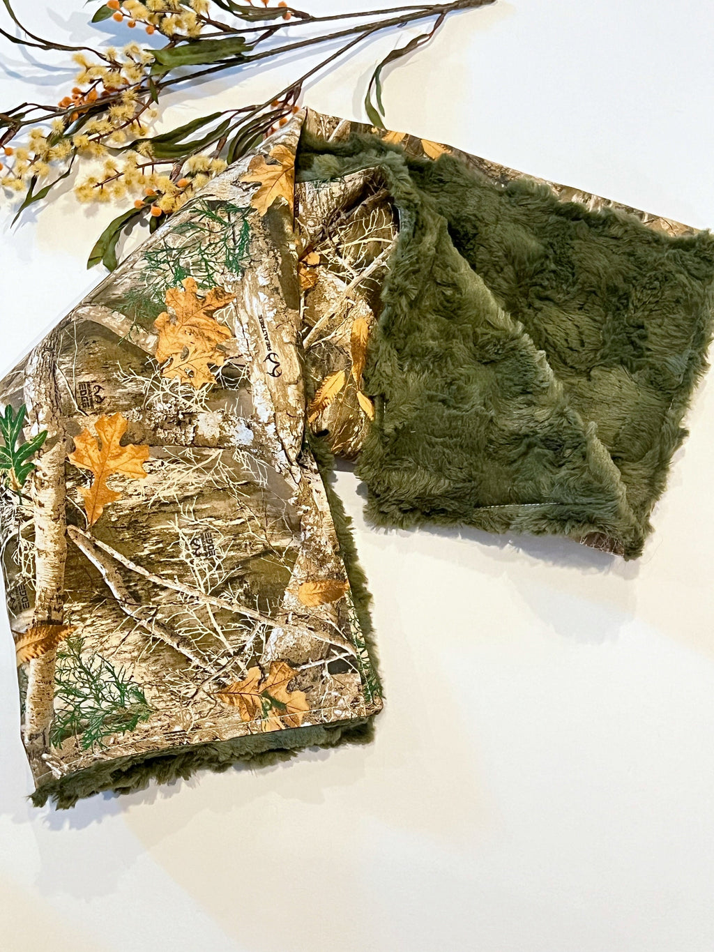 Camouflage Baby Blanket for boy or girl in camo cotton and hunter green olive fur or minky, hunting theme nursery, personalize 30 x 34 size