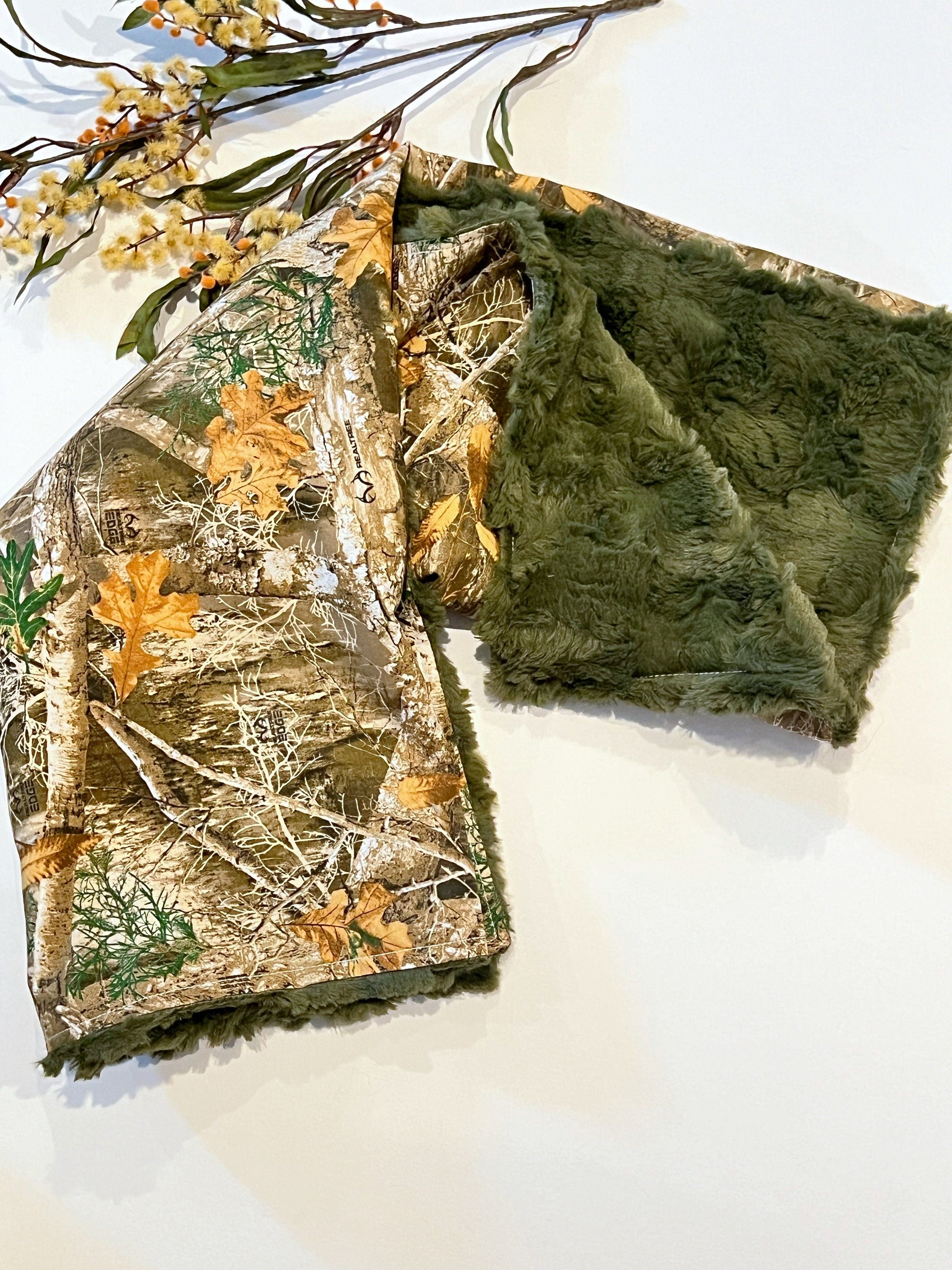 Camouflage Baby Blanket for boy or girl in camo cotton and hunter green olive fur or minky, hunting theme nursery, personalize 30 x 34 size