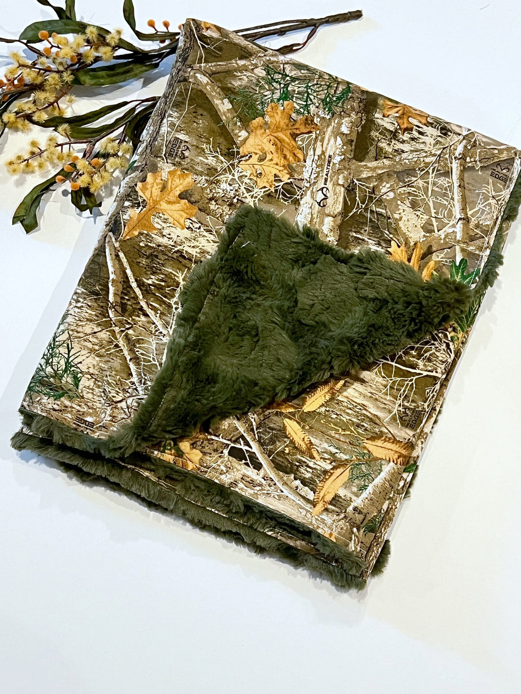 Camouflage Baby Blanket for boy or girl in camo cotton and hunter green olive fur or minky, hunting theme nursery, personalize 30 x 34 size