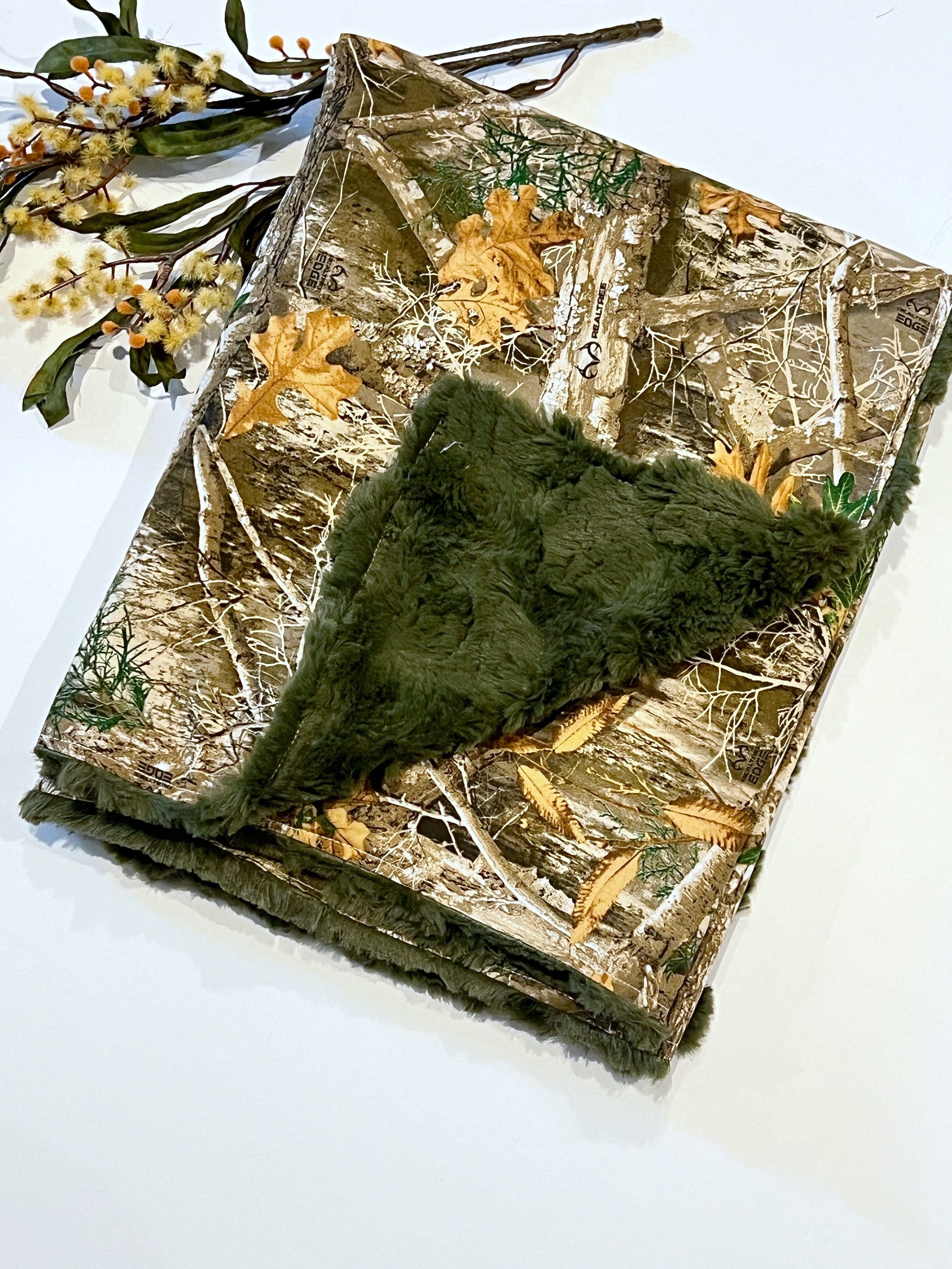 Camouflage Baby Blanket for boy or girl in camo cotton and hunter green olive fur or minky, hunting theme nursery, personalize 30 x 34 size