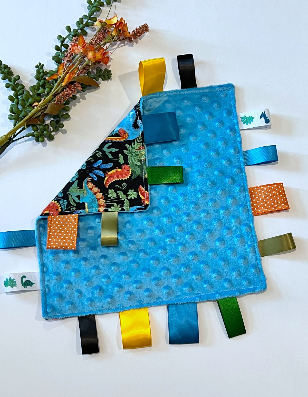 Dinosaur themed tag lovey cotton and minky sensory security toy in bright colors, personalize option, shower gift 12” for baby, child, adult