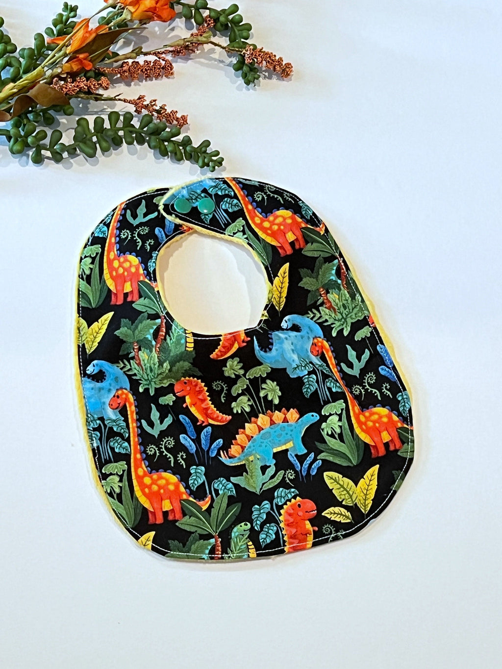 Dinosaur baby bib and contour burp cloth set in bright colorful cotton & minky dot, choose color, whimsical dinos