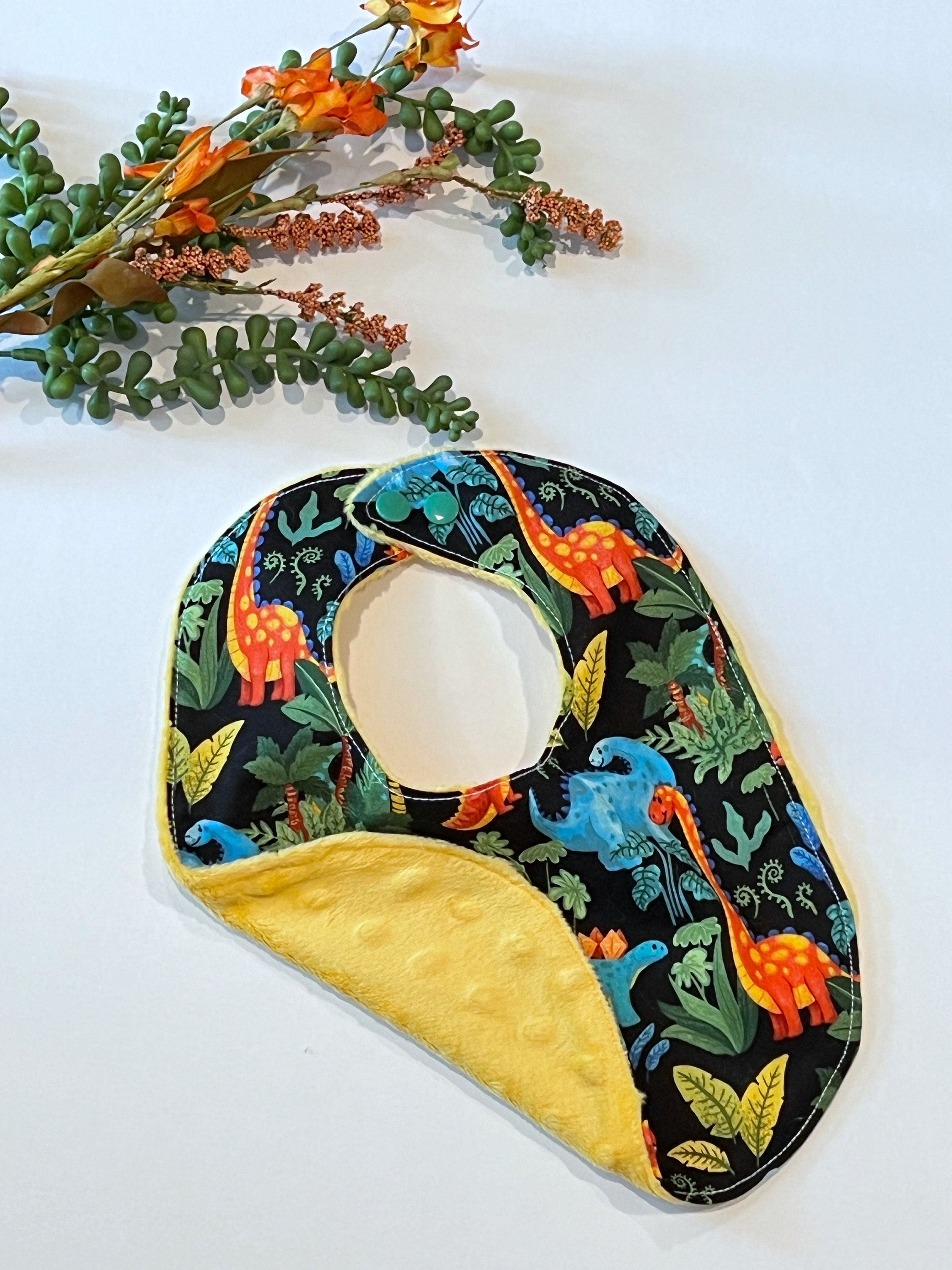 Dinosaur baby bib and contour burp cloth set in bright colorful cotton & minky dot, choose color, whimsical dinos