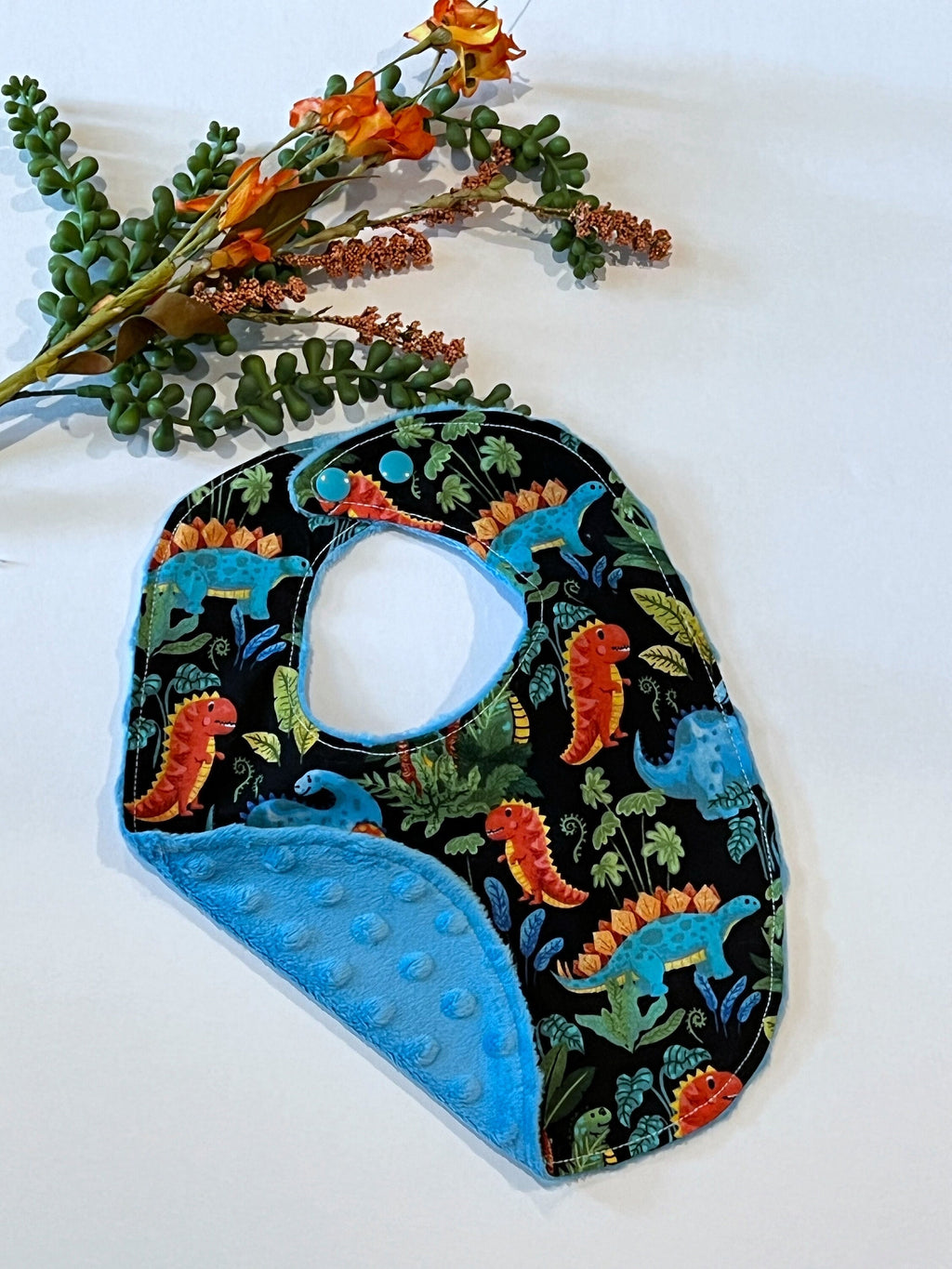 Dinosaur baby bib and contour burp cloth set in bright colorful cotton & minky dot, choose color, whimsical dinos