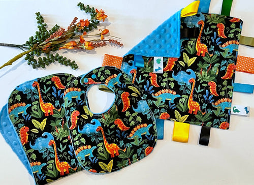 Baby bib burp cloth and sensory tag lovey dinosaur set in for baby toddler boy or girl in bright colored cotton & minky, personalize option