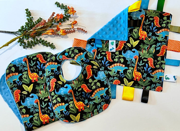Baby bib burp cloth and sensory tag lovey dinosaur set in for baby toddler boy or girl in bright colored cotton & minky, personalize option