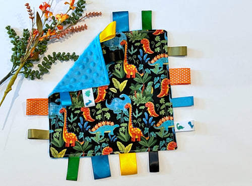 Baby bib burp cloth and sensory tag lovey dinosaur set in for baby toddler boy or girl in bright colored cotton & minky, personalize option