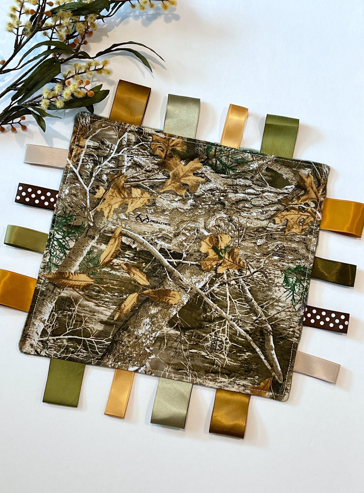 Camouflage sensory tag lovey for toy or comfort made from camo cotton fabric with minky back and choice of color, can personalize, baby gift