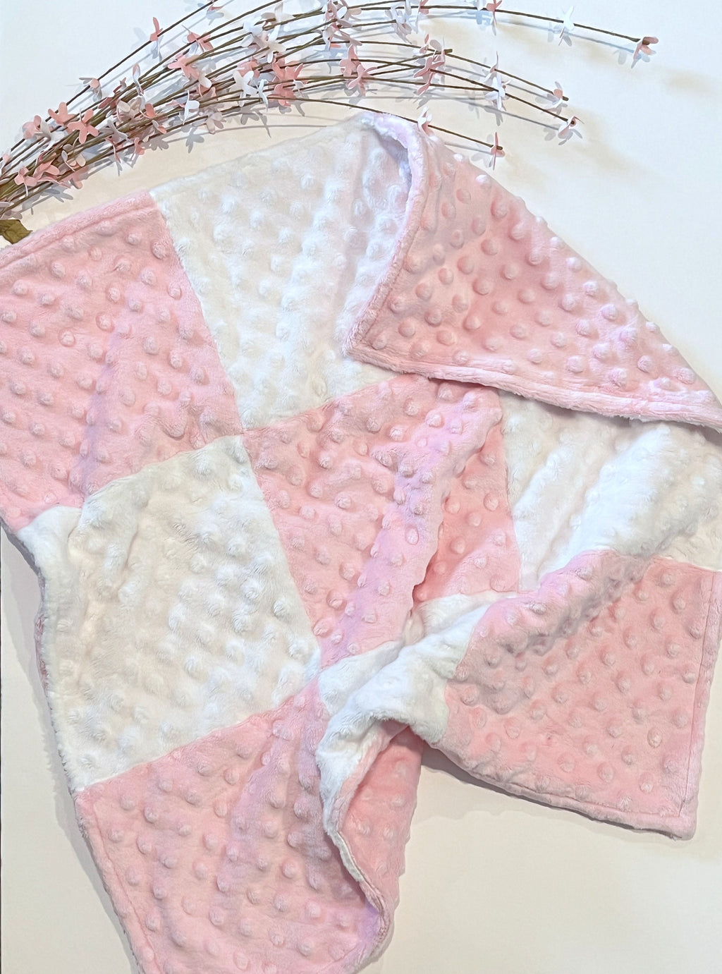 Mini 22” blanket lovey in double sided minky, coordinating 9 patch minky squares in two colors, personalized option, soft, soothing, calming