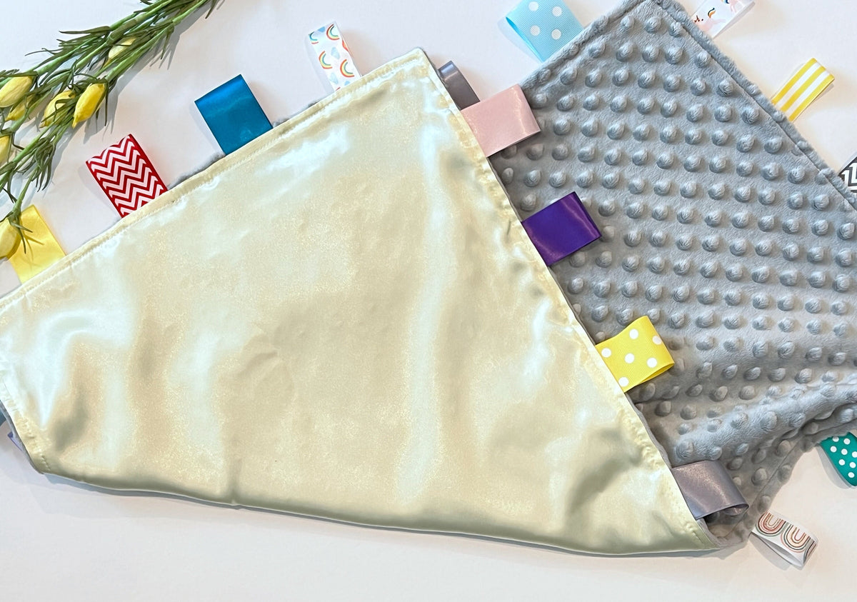 Satin and minky large sensory Blanket lovey with ribbon tags, personalized baby shower gift for baby boy or girl, 14”x 17”- choose colors