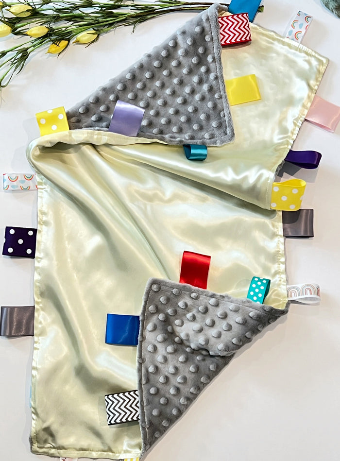 Satin and minky large sensory Blanket lovey with ribbon tags, personalized baby shower gift for baby boy or girl, 14”x 17”- choose colors