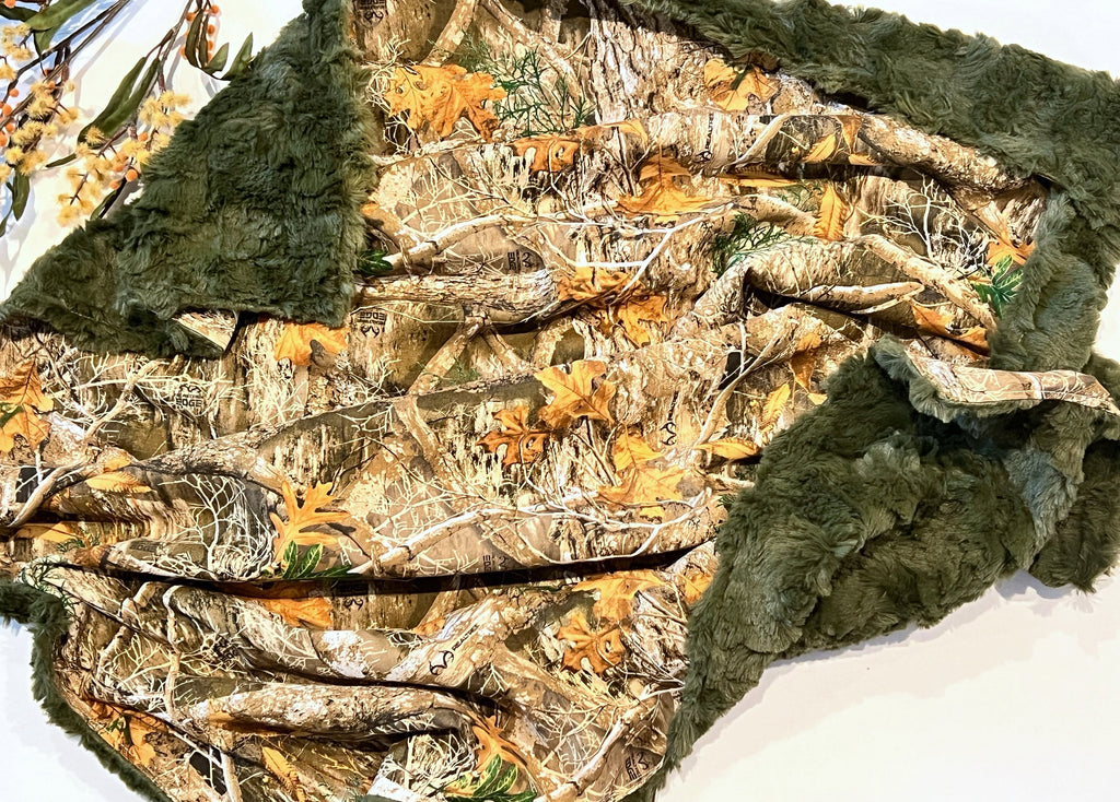 Camouflage Baby Blanket for boy or girl in camo cotton and hunter green olive fur or minky, hunting theme nursery, personalize 30 x 34 size