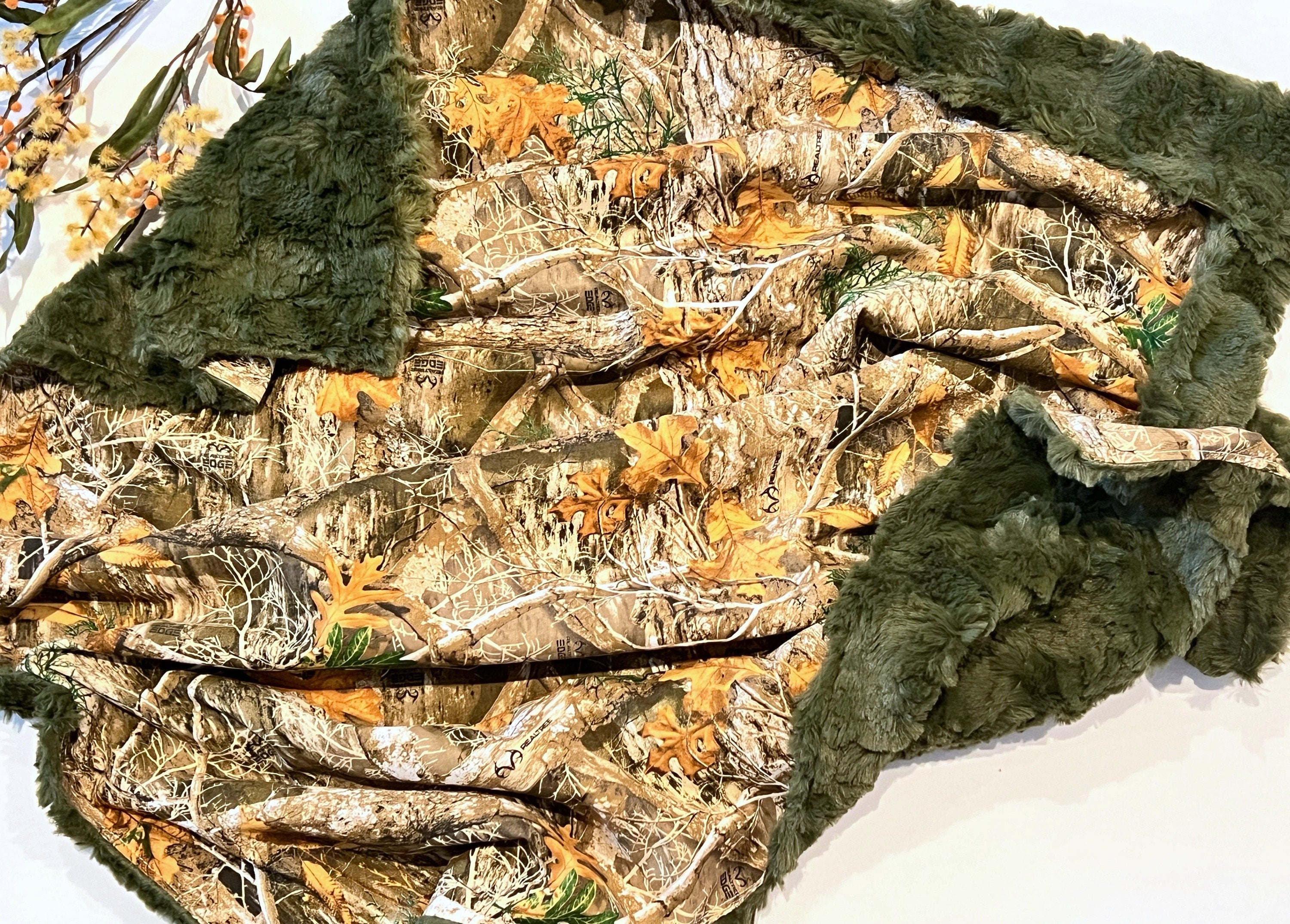 Camouflage Baby Blanket for boy or girl in camo cotton and hunter green olive fur or minky, hunting theme nursery, personalize 30 x 34 size