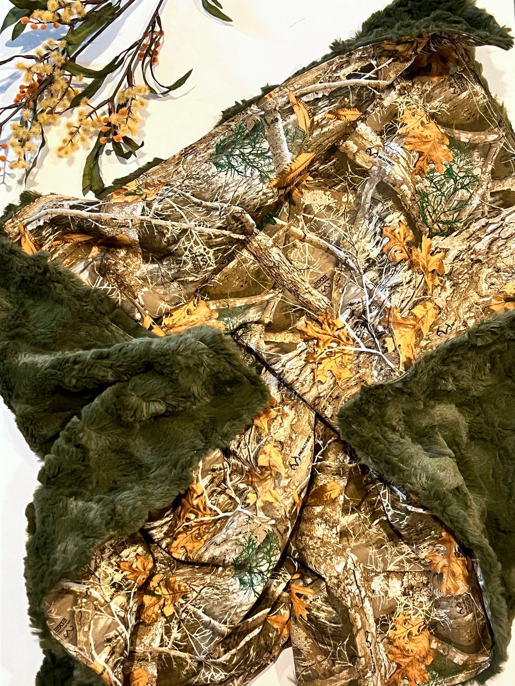 Camouflage Baby Blanket for boy or girl in camo cotton and hunter green olive fur or minky, hunting theme nursery, personalize 30 x 34 size