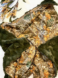 Camouflage Baby Blanket for boy or girl in camo cotton and hunter green olive fur or minky, hunting theme nursery, personalize 30 x 34 size