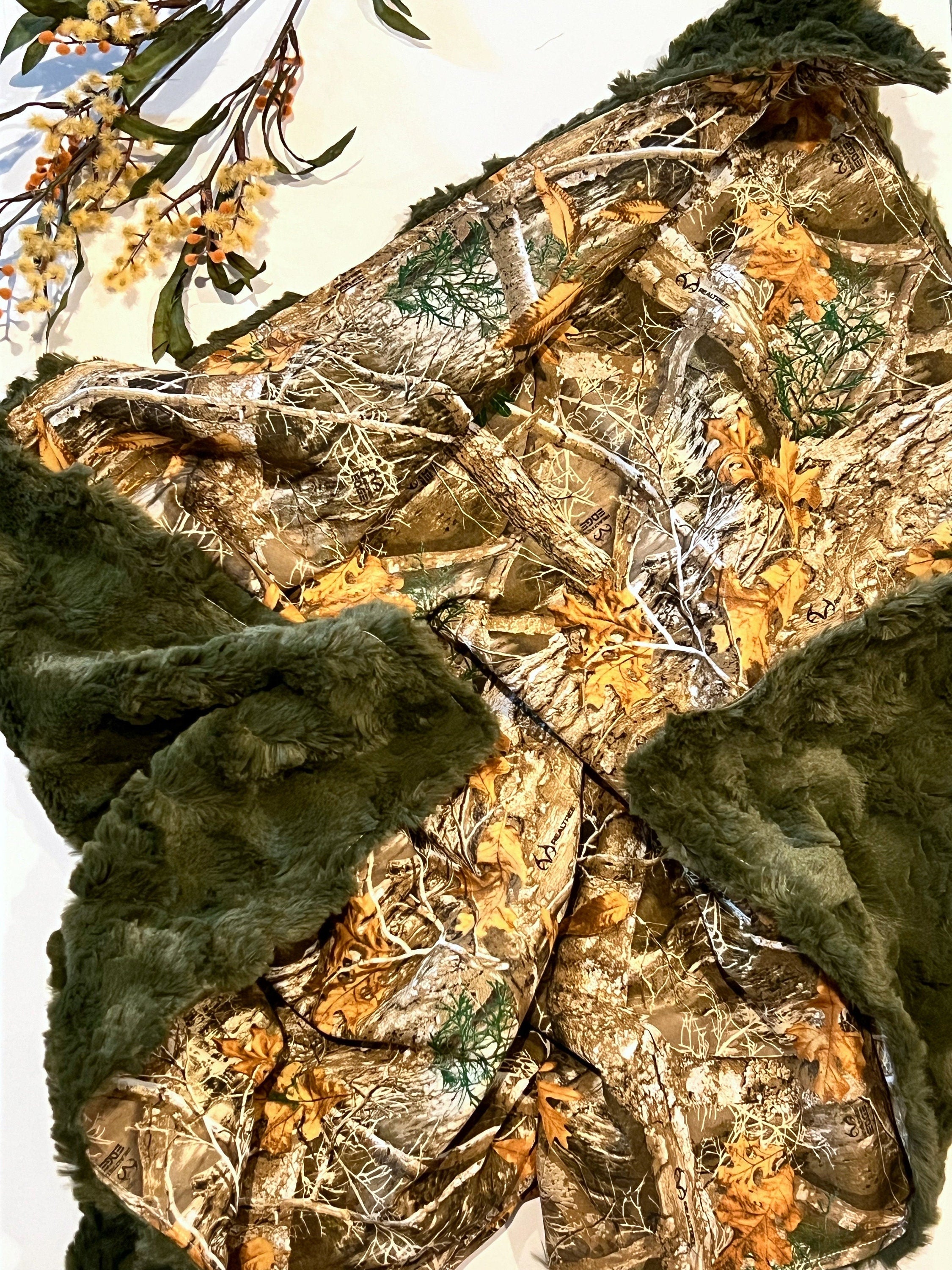 Camouflage Baby Blanket for boy or girl in camo cotton and hunter green olive fur or minky, hunting theme nursery, personalize 30 x 34 size