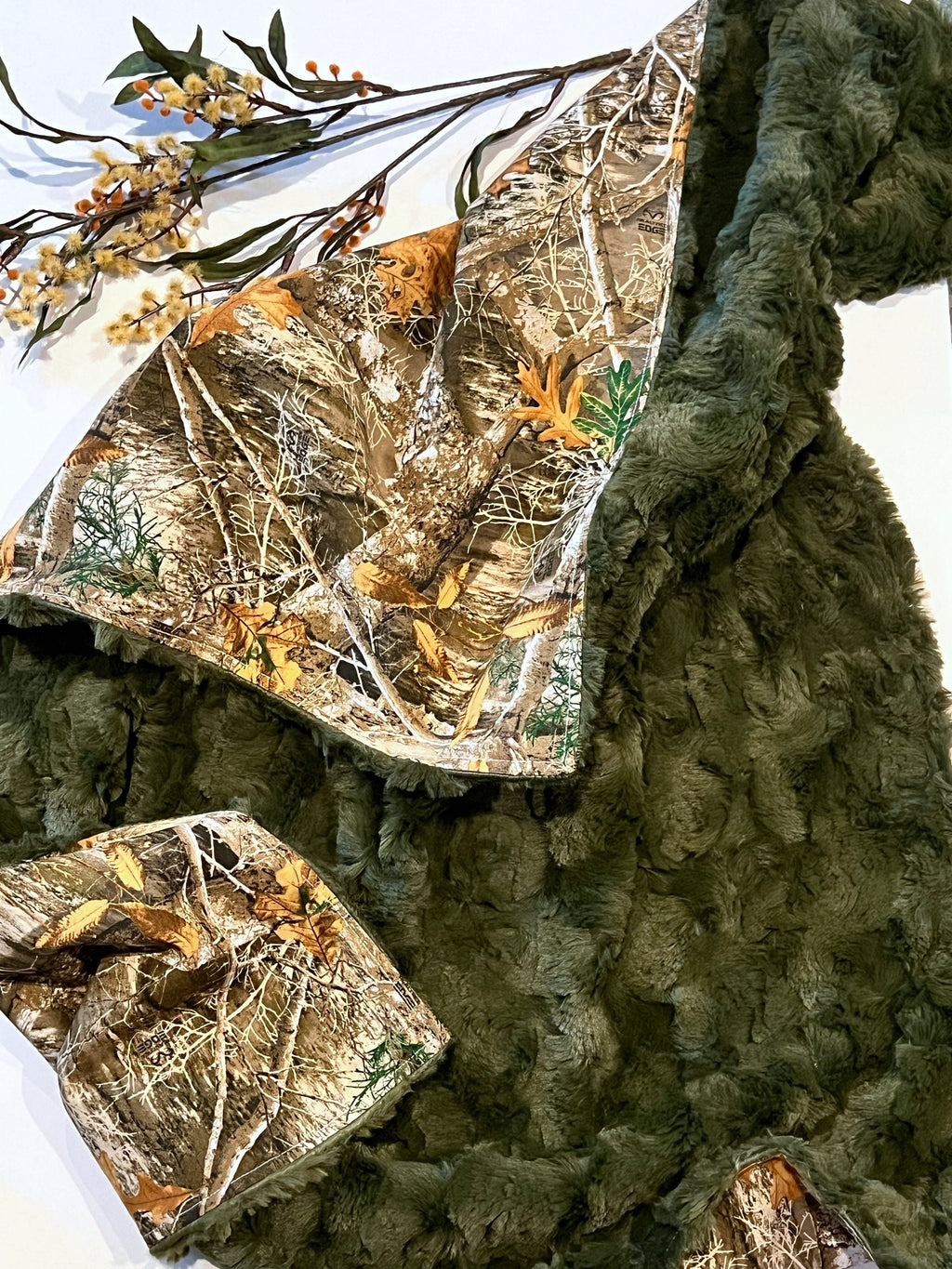 Camouflage Baby Blanket for boy or girl in camo cotton and hunter green olive fur or minky, hunting theme nursery, personalize 30 x 34 size