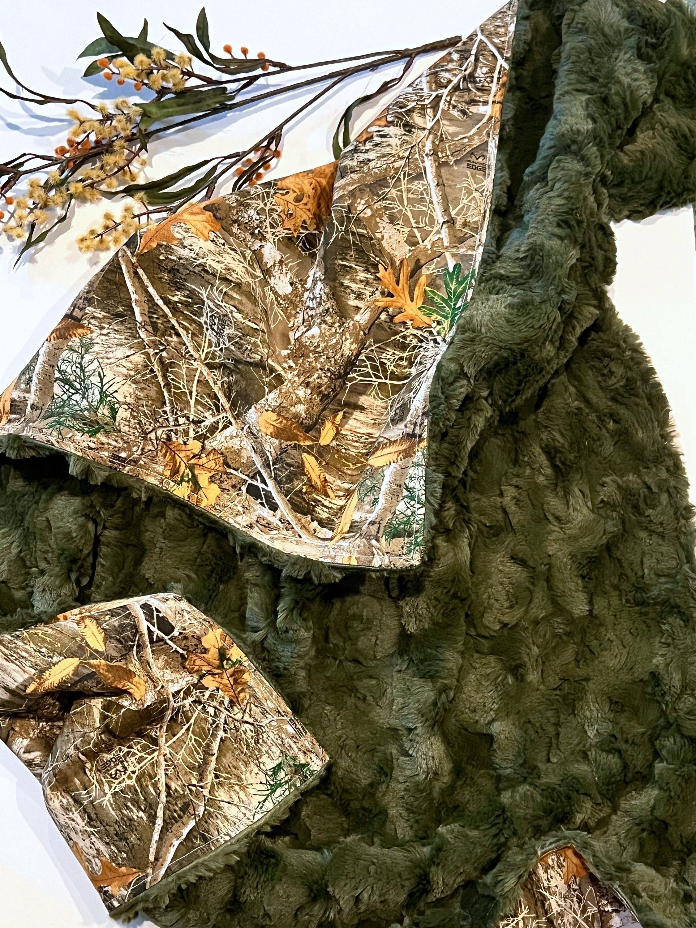 Camouflage Baby Blanket for boy or girl in camo cotton and hunter green olive fur or minky, hunting theme nursery, personalize 30 x 34 size